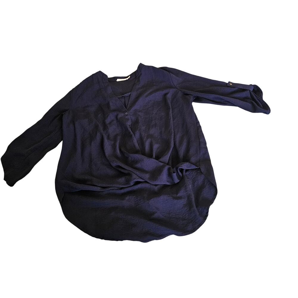 Lush Women’s Small Navy Blue V Neck Blouse Roll Tab Sleeve High Low Top